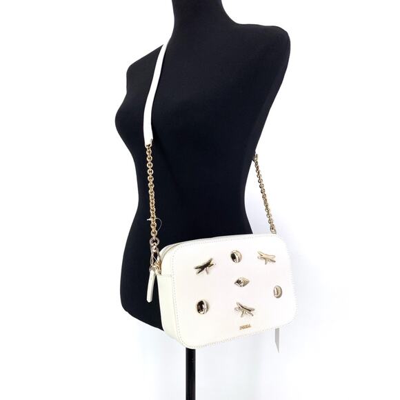 NWT FURLA Brava Zaffir Mini Crossbody Chalk White Pebble Leather Gold Hardware